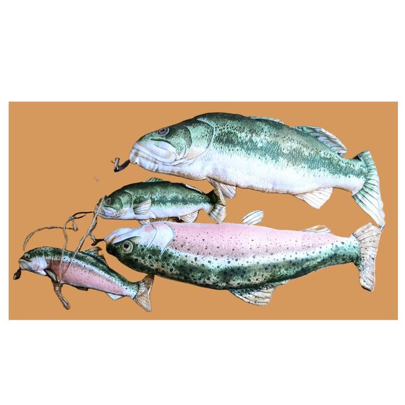 Rainbow Trout With Lures Set Soft Fabric Plush Fishing Decor Rustic Cabin - Picture 1 of 4